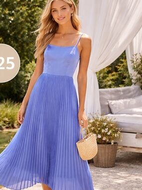 Light Blue Pleated Midi Dress with Spaghetti Straps